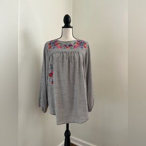 JODIFL Black and White Striped Blouse with Colorful Embroidery